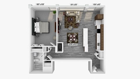 Floor plan for 1 bed, 1 bath, 722 sqft